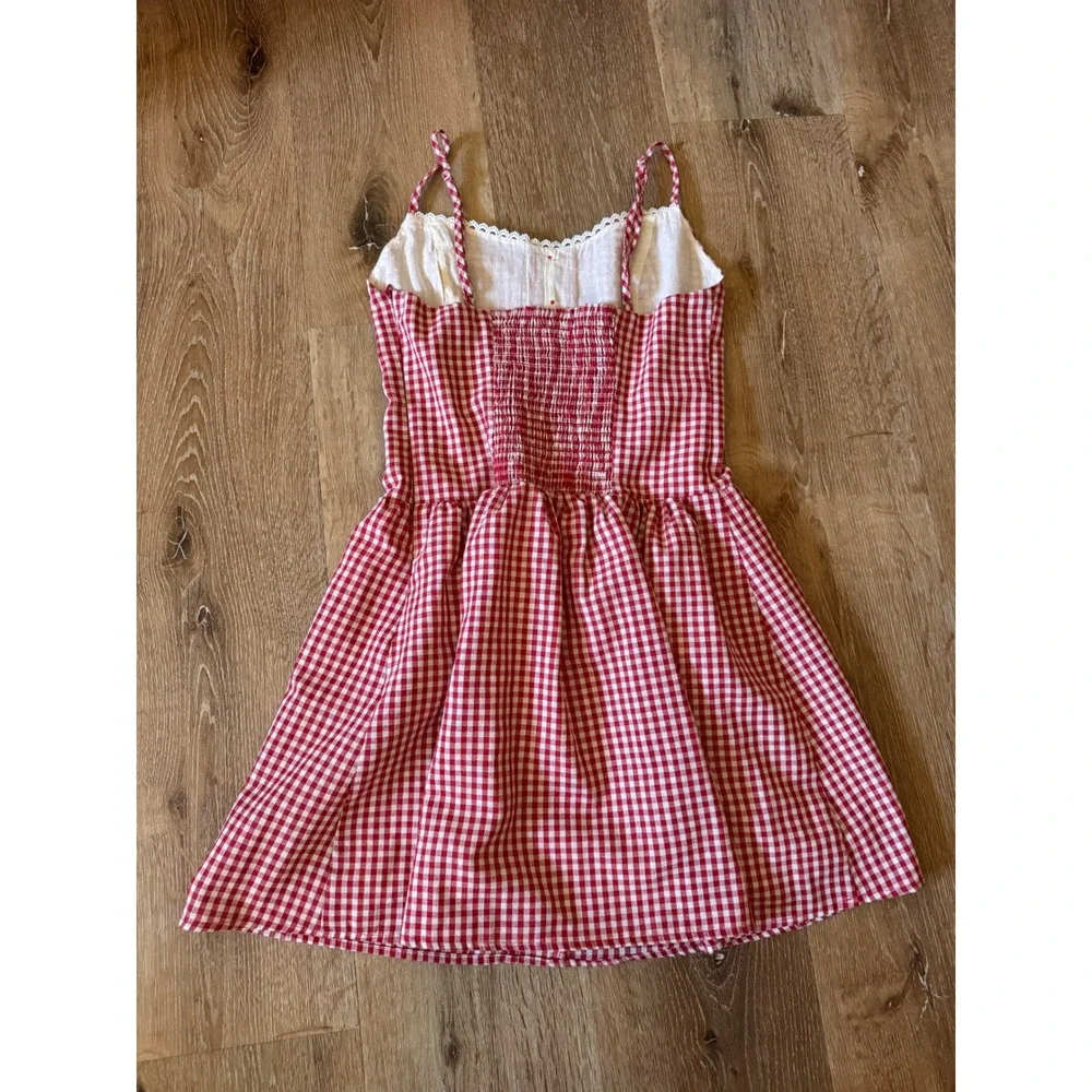 o.p.t. Ayva Red Gingham Lace Trim Button Front Mini Dress Size XS